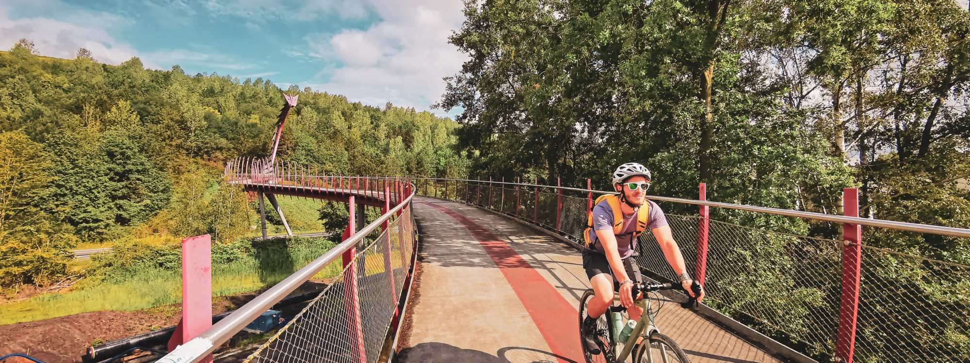 Das Bild zeigt eine Person auf der Drachenbrücke in Recklinghausen