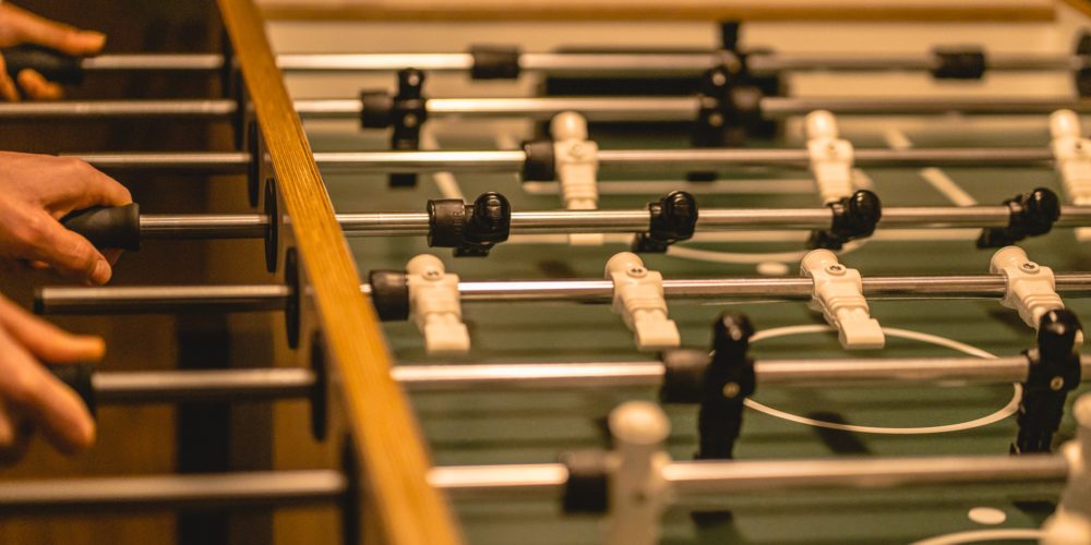 The picture shows a foosball table in the drinking hall at Flöz in Gelsenkirchen