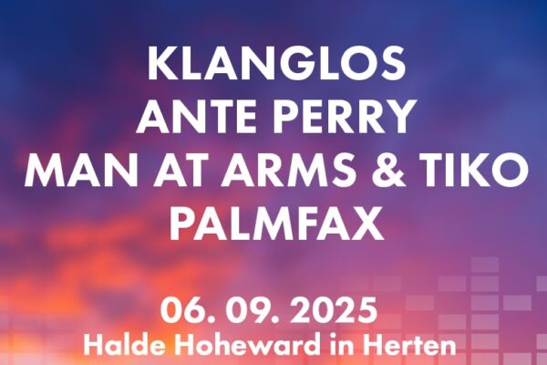 Veranstaltungsplakat mit verschwommenem Sonnenuntergangs-Picknick-Hintergrund, auf dem die Künstler Klanglos, Ante Perry, Man at Arms & Tiko, Palmfax und Veranstaltungsdetails aufgeführt sind: 06.09.2025, Halde Hoheward in Herten.